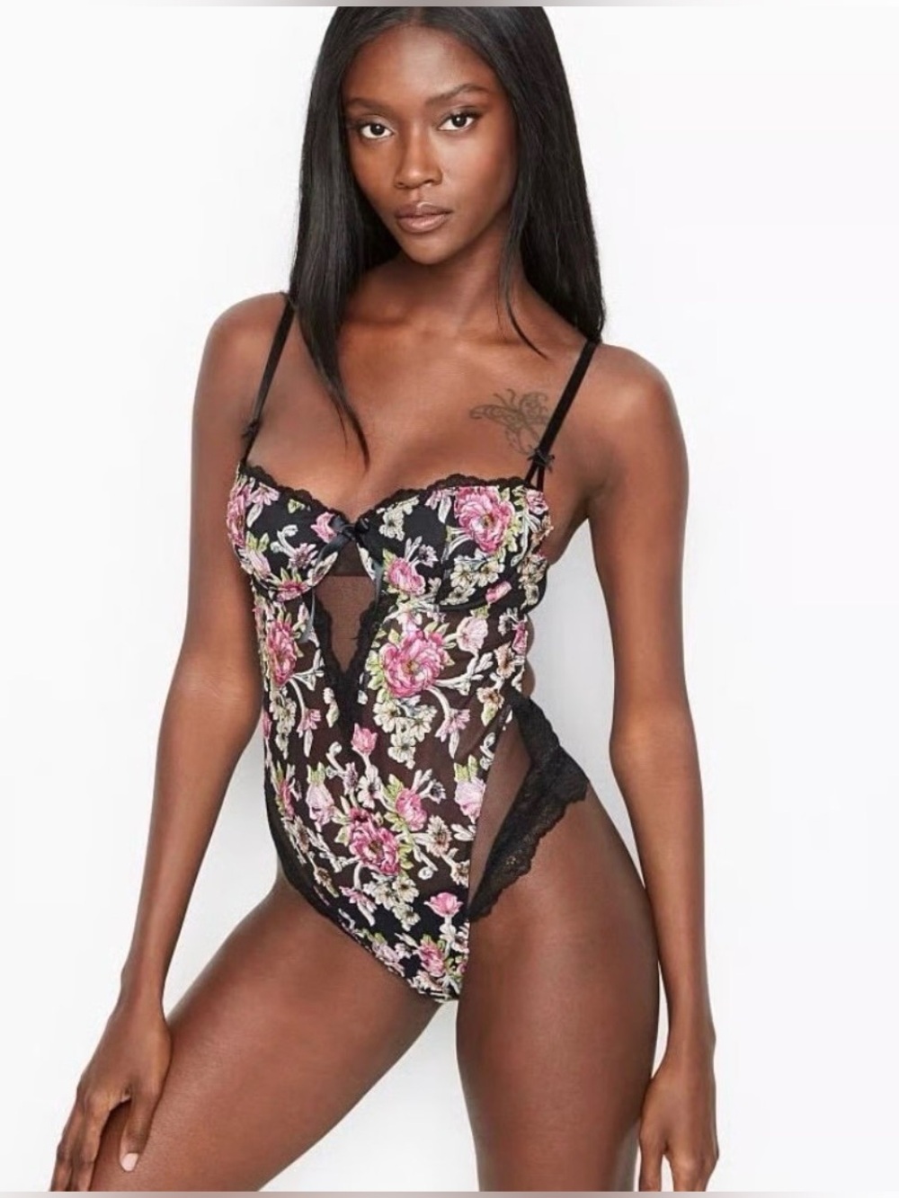 Victoria’s Secret Floral Lace Mesh Bodysuit - Black with Pink Floral Size XL NWT